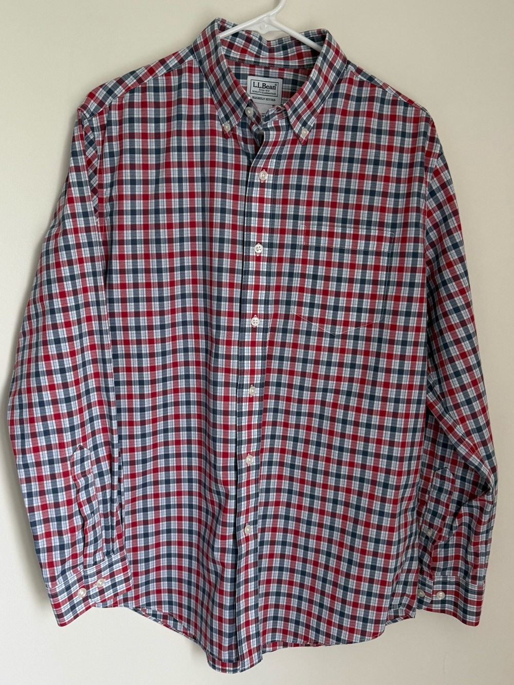 Men's L.L. Bean Slightly Fitted Red, White, & Blue Plaid Shirt